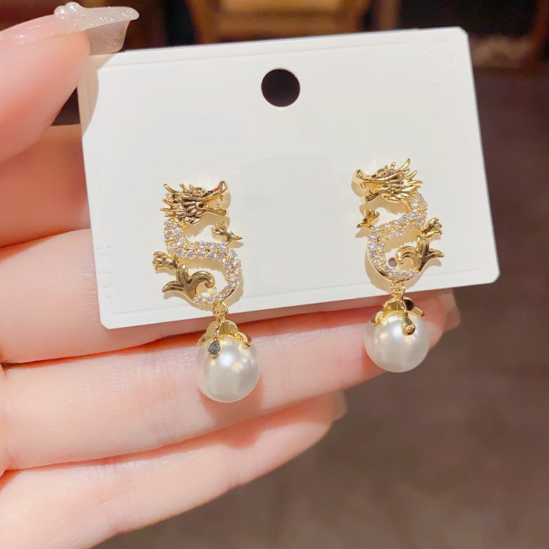 Dragon Hanging Bead Earrings -- (Have one's wishes come true!)