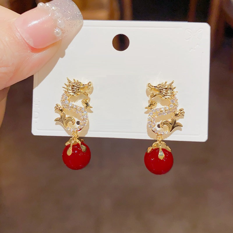 Dragon Hanging Bead Earrings -- (Have one's wishes come true!)