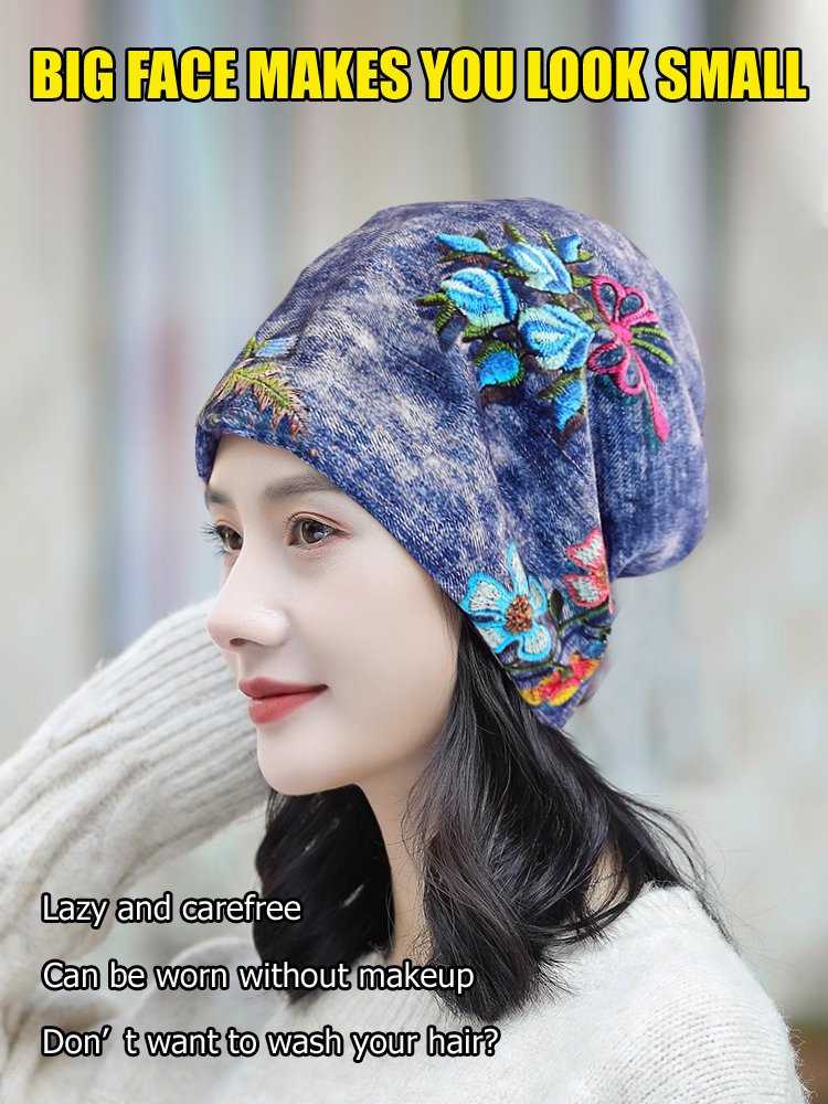 Versatile knitted pile hat with small embroidered flowers that show your face