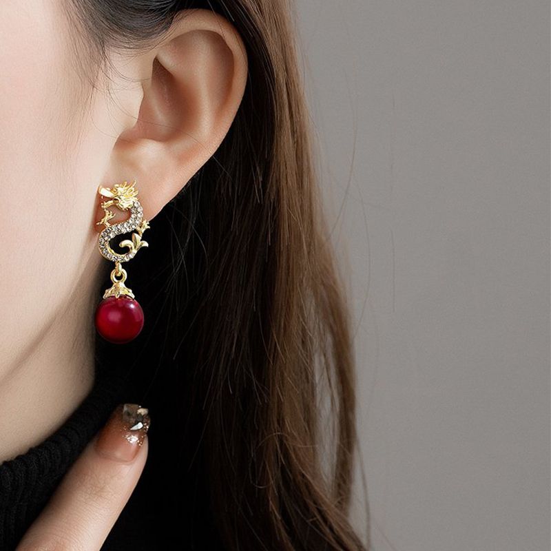 Dragon Hanging Bead Earrings -- (Have one's wishes come true!)