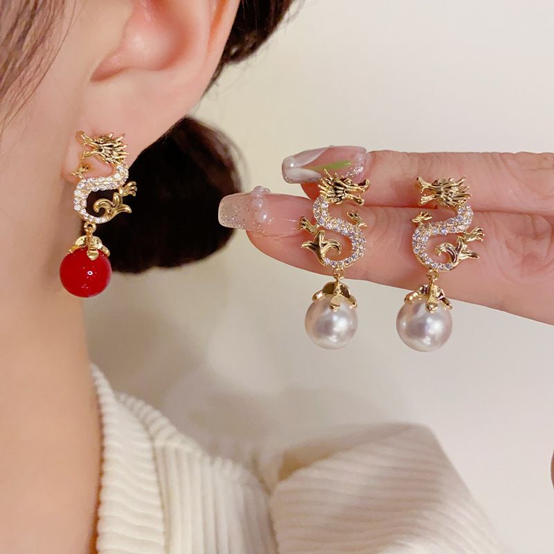 Dragon Hanging Bead Earrings -- (Have one's wishes come true!)