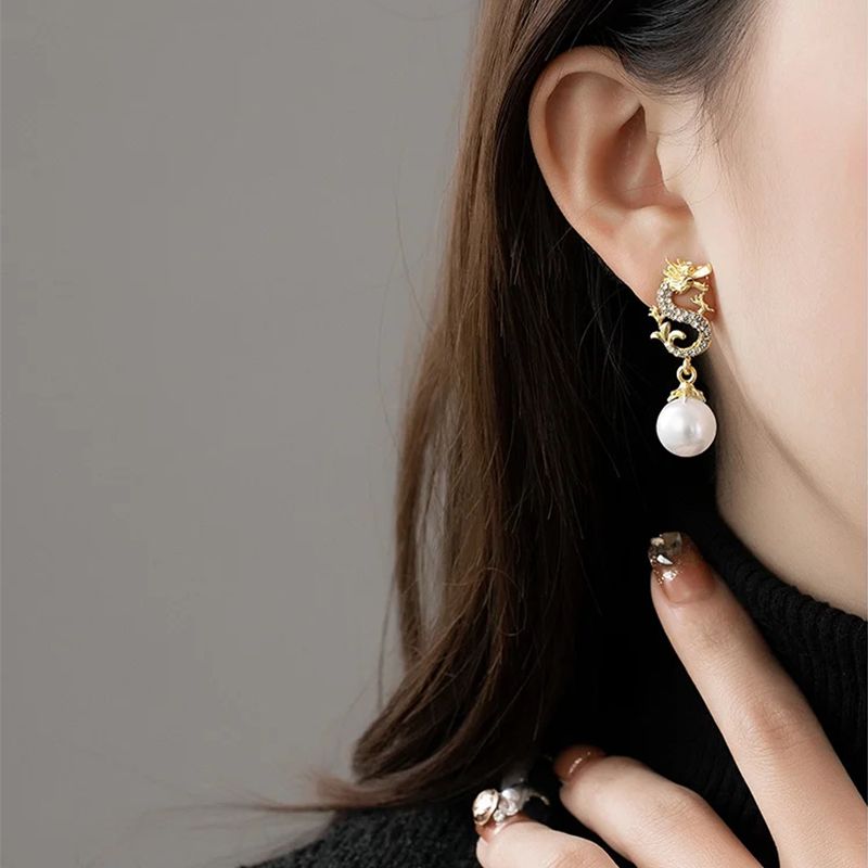 Dragon Hanging Bead Earrings -- (Have one's wishes come true!)