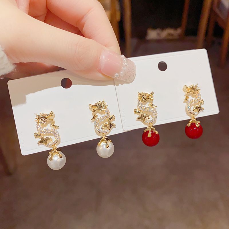Dragon Hanging Bead Earrings -- (Have one's wishes come true!)