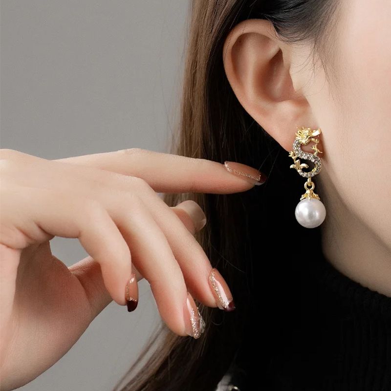 Dragon Hanging Bead Earrings -- (Have one's wishes come true!)