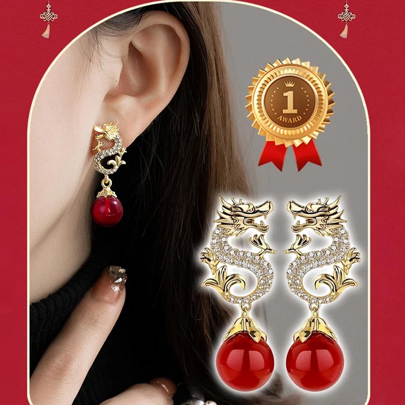 Dragon Hanging Bead Earrings -- (Have one's wishes come true!)