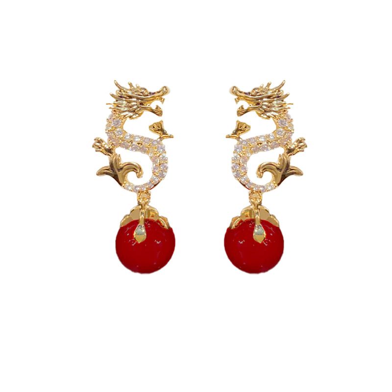 Dragon Hanging Bead Earrings -- (Have one's wishes come true!)