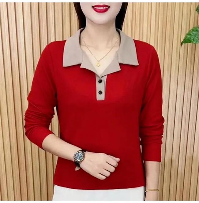 Fashionable turndown collar color splicing long-sleeved top