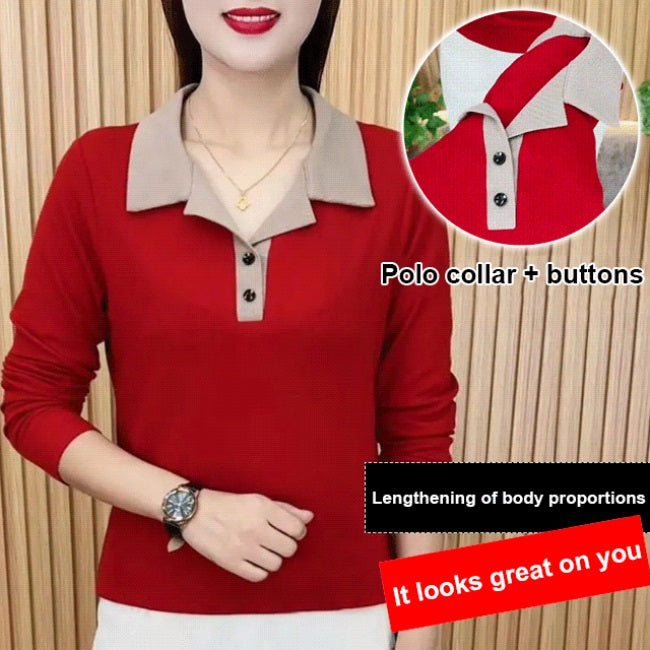 Fashionable turndown collar color splicing long-sleeved top