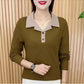 Fashionable turndown collar color splicing long-sleeved top