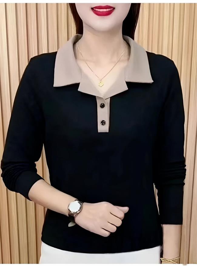 Fashionable turndown collar color splicing long-sleeved top